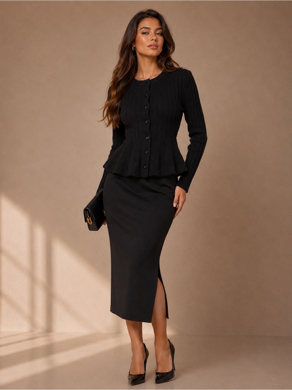 Women's Black Ribbed Button-Front Cardigan Sweater